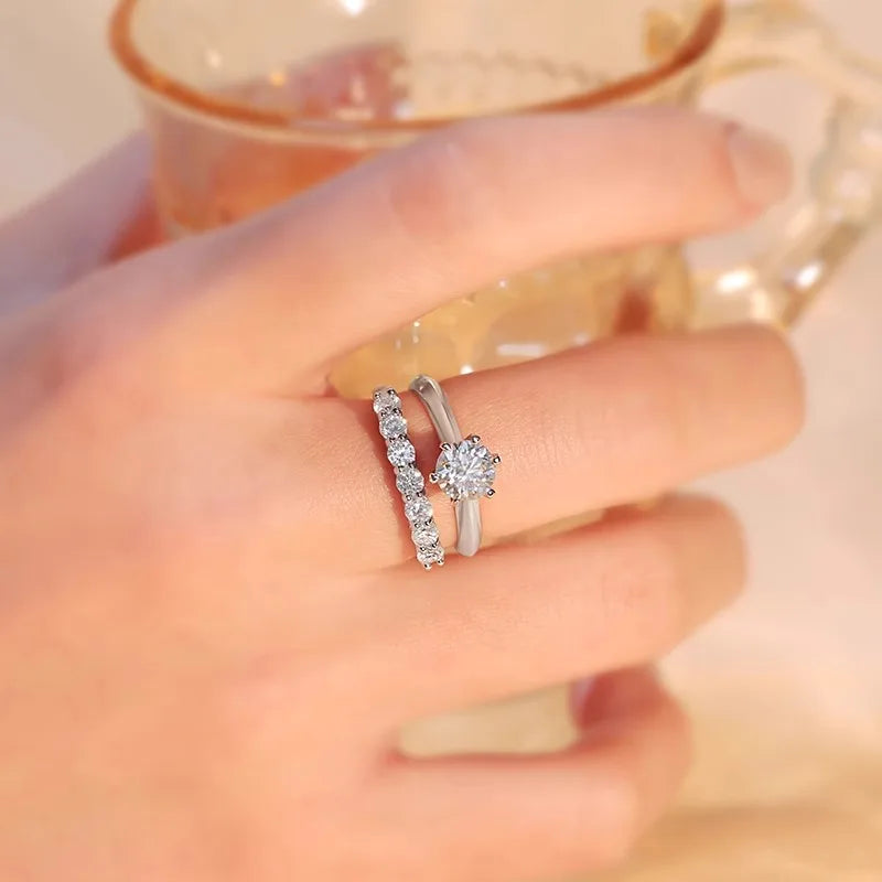 Round Brilliant Cut Moissanite Wedding Rings Half Eternity Band 925 Silver